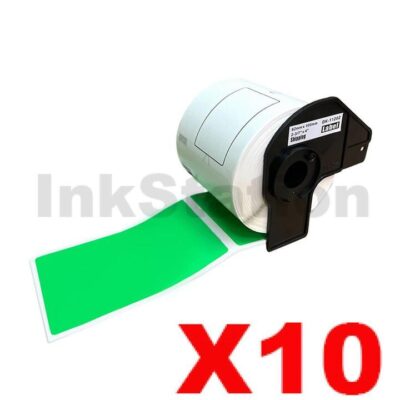 10 x Brother DK-11202 Compatible Black Text on Green Die-Cut Paper Label Roll 62mm x 100mm - 300 labels per roll