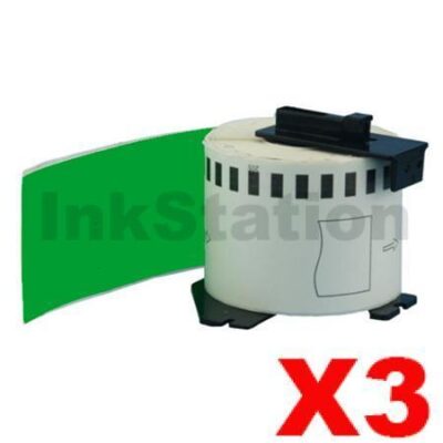 3 x Brother DK-22205 Compatible Black Text on Green Continuous Paper Label Roll 62mm x 30.48m