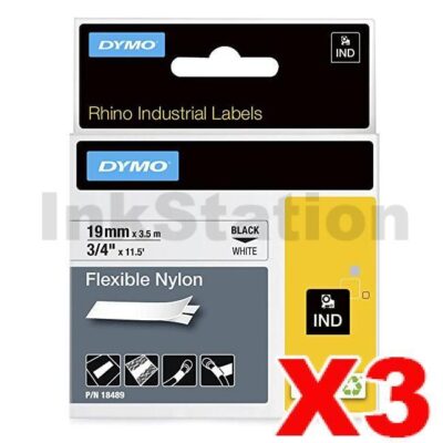 3 x Dymo SD18489 Genuine 19mm Black Text on White Flexible Nylon Industrial Rhino Label Cassette - 3.5 meters