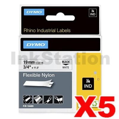 5 x Dymo SD18489 Genuine 19mm Black Text on White Flexible Nylon Industrial Rhino Label Cassette - 3.5 meters