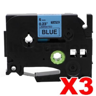 3 x Brother TZe-511 Compatible 6mm Black Text on Blue Laminated Tape - 8 meters