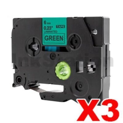 3 x Brother TZe-711 Compatible 6mm Black Text on Green Laminated Tape - 8 meters