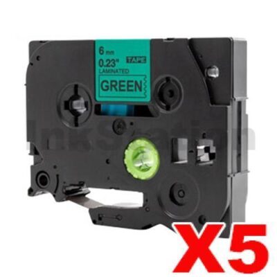 5 x Brother TZe-711 Compatible 6mm Black Text on Green Laminated Tape - 8 meters