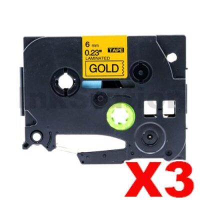 3 x Brother TZe-811 Compatible 6mm Black Text on Gold Laminated Tape - 8 meters