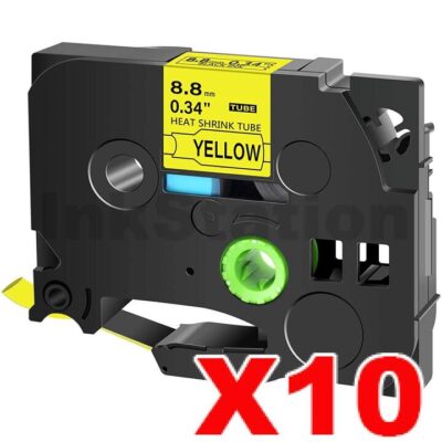 10 x Brother HSe-621 Compatible 8.8mm Black Text on Yellow Heat Shrink Tube Tape - 1.5 meters