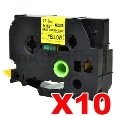 10 x Brother HSe-651 Compatible 23.6mm Black Text on Yellow Heat Shrink Tube Tape - 1.5 meters