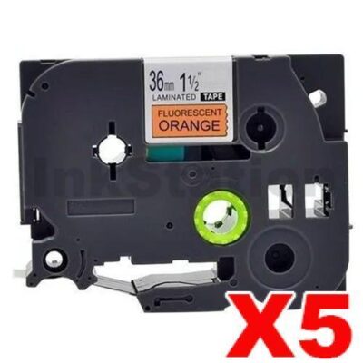 5 x Brother TZe-B61 Compatible 36mm Black Text on Orange Fluorescent Laminated Tape - 5 meters