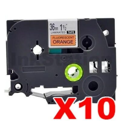 10 x Brother TZe-B61 Compatible 36mm Black Text on Orange Fluorescent Laminated Tape - 5 meters