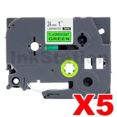 5 x Brother TZe-D51 Compatible 24mm Black Text on Green Fluorescent Laminated Tape - 5 meters