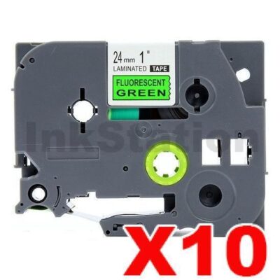 10 x Brother TZe-D51 Compatible 24mm Black Text on Green Fluorescent Laminated Tape - 5 meters