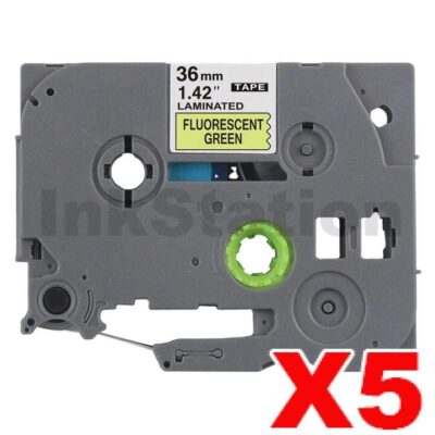 5 x Brother TZe-D61 Compatible 36mm Black Text on Green Fluorescent Laminated Tape - 5 meters