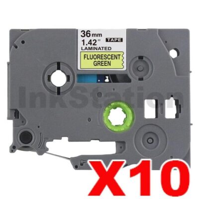 10 x Brother TZe-D61 Compatible 36mm Black Text on Green Fluorescent Laminated Tape - 5 meters
