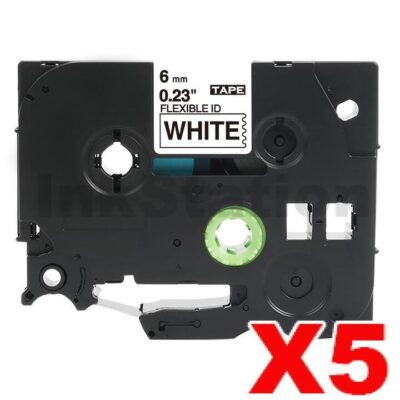 5 x Brother TZe-FX211 Compatible 6mm Black Text on White Flexible ID Laminated Tape - 8 metres
