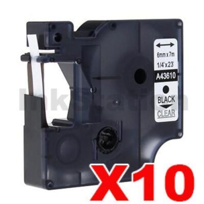 10 x Dymo SD43610 / S0720770 Compatible 6mm Black Text on Clear Label Cassette - 7 meters