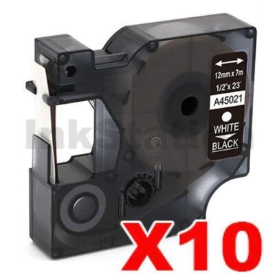 10 x Dymo SD45021 / S0720610 Compatible 12mm White Text on Black Label Cassette - 7 meters