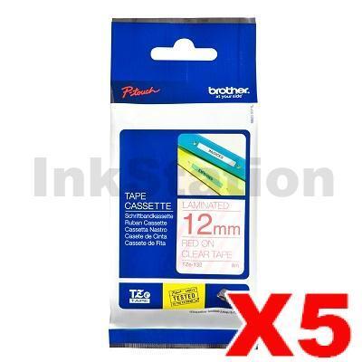 5 x Brother TZe-132 Genuine 12mm Red Text on Clear Laminated Tape - 8 meters