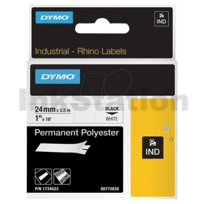 Dymo 1734523 Genuine 24mm Black Text on White Permanent Polyester Industrial Rhino Label Cassette - 5.5 meters