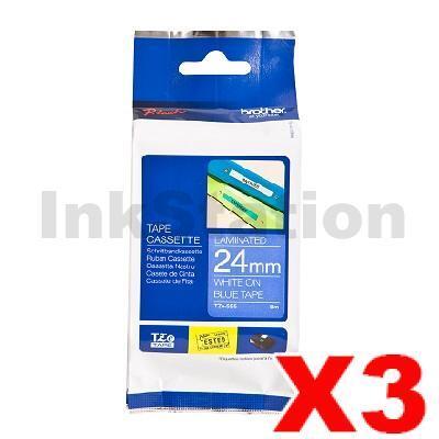 3 x Brother TZe-555 Genuine 24mm White Text on Blue Laminated Tape - 8 meters