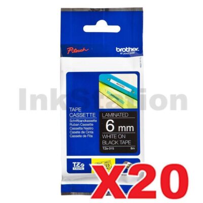 20 x Brother TZe-315 Genuine 6mm White Text on Black Laminated Tape - 8 meters