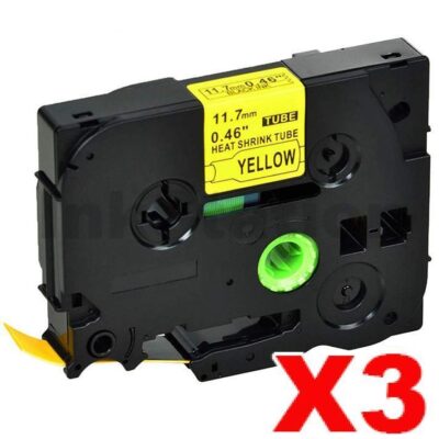 3 x Brother HSe-631 Compatible 11.7mm Black Text on Yellow Heat Shrink Tube Tape - 1.5 meters