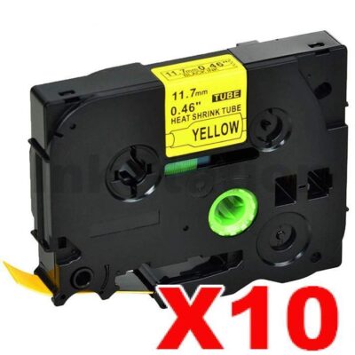 10 x Brother HSe-631 Compatible 11.7mm Black Text on Yellow Heat Shrink Tube Tape - 1.5 meters