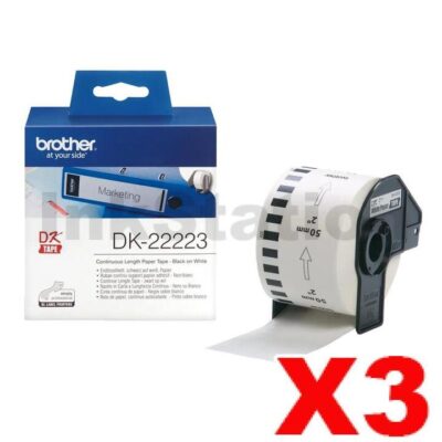 3 x Brother DK-22223 Genuine Black Text on White Continuous Paper Label Roll 50mm x 30.48m