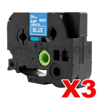 3 x Brother TZe-555 Compatible 24mm White Text on Blue Laminated Tape - 8 meters