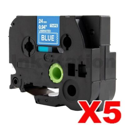 5 x Brother TZe-555 Compatible 24mm White Text on Blue Laminated Tape - 8 meters