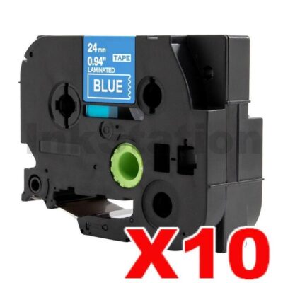 10 x Brother TZe-555 Compatible 24mm White Text on Blue Laminated Tape - 8 meters