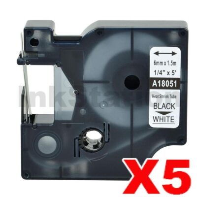 5 x Dymo SD18051 Compatible 6mm Black Text on White Heat-Shrink Tube Industrial Rhino Label Cassette - 1.5 meters