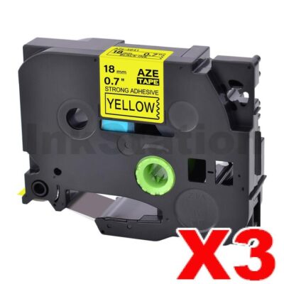 3 x Brother TZe-S641 Compatible 18mm Black Text on Yellow Strong Adhesive Laminated Tape - 8 metres