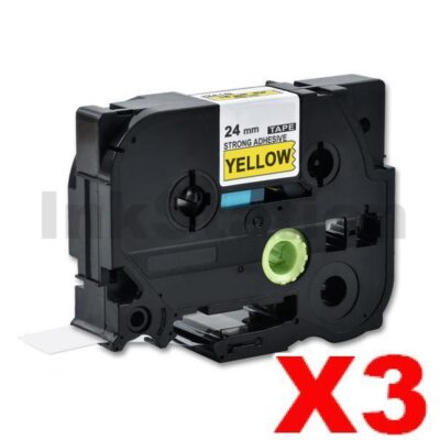 3 x Brother TZe-S651 Compatible 24mm Black Text on Yellow Strong Adhesive Laminated Tape - 8 metres