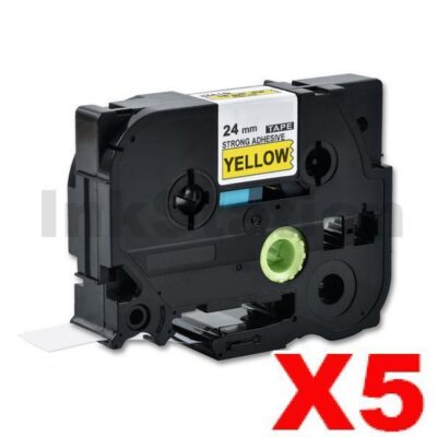 5 x Brother TZe-S651 Compatible 24mm Black Text on Yellow Strong Adhesive Laminated Tape - 8 metres