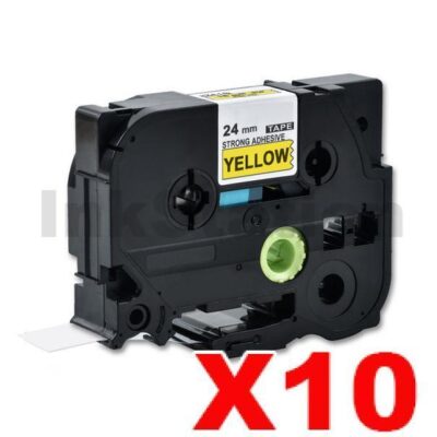 10 x Brother TZe-S651 Compatible 24mm Black Text on Yellow Strong Adhesive Laminated Tape - 8 metres
