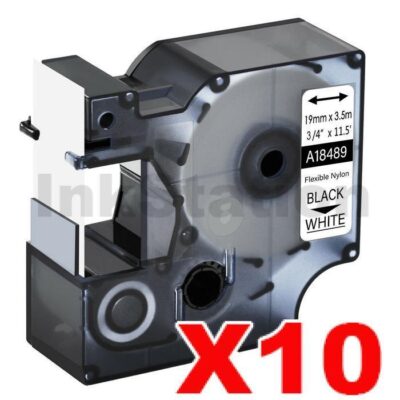 10 x Dymo SD18489 Compatible 19mm Black Text on White Flexible Nylon Industrial Rhino Label Cassette - 3.5 meters