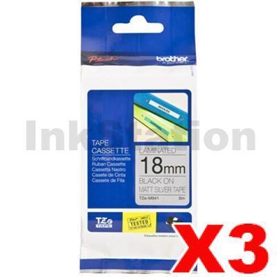 3 x Brother TZe-M941 Genuine 18mm Black Text on Matt Silver Laminated Tape - 8 metres