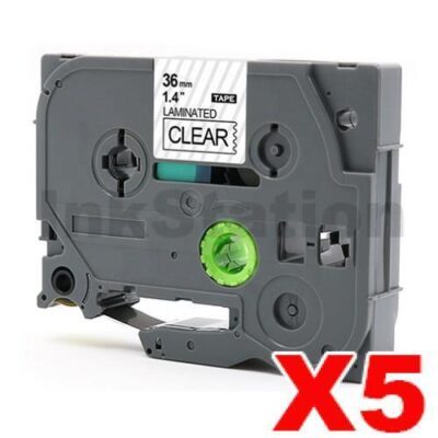 5 x Brother TZe-161 Compatible 36mm Black Text on Clear Laminated Tape - 8 meters