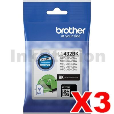 3 x Brother LC-432BK Genuine Black Ink Cartridge - 550 pages