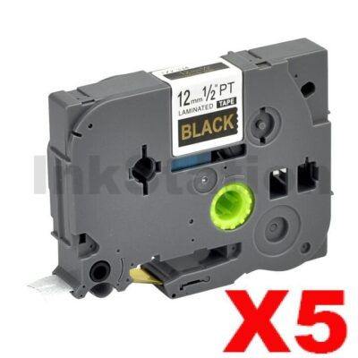 5 x Brother TZe-334 Compatible 12mm Gold Text on Black Laminated Tape - 8 meters
