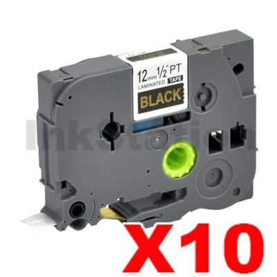 10 x Brother TZe-334 Compatible 12mm Gold Text on Black Laminated Tape - 8 meters