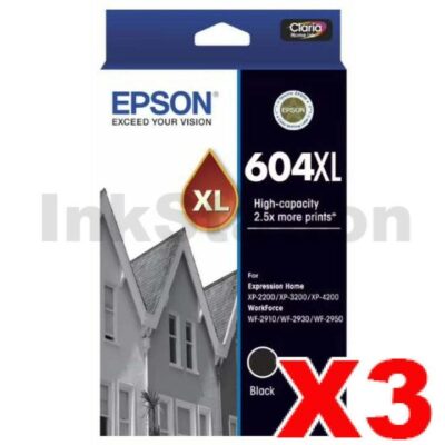 3 x Epson 604XL (C13T10H192) Genuine Black High Yield Inkjet Cartridge - 500 pages