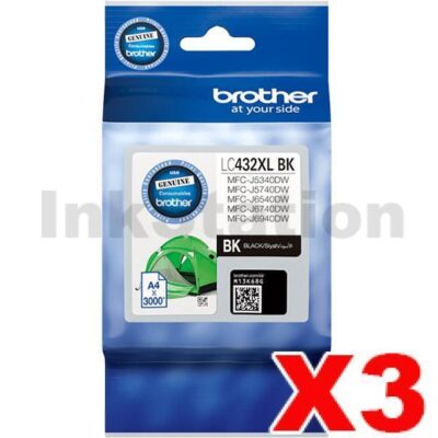 3 x Brother LC-432XLBK Genuine Black High Yield Ink Cartridge - 3,000 pages