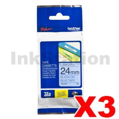 3 x Brother TZe-551 Genuine 24mm Black Text on Blue Laminated Tape - 8 meters