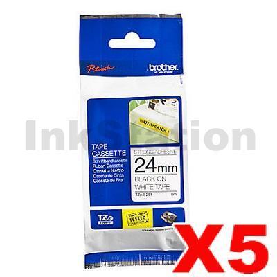 5 x Brother TZe-S251 Genuine 24mm Black Text on White Strong Adhesive Laminated Tape - 8 metres