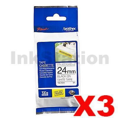 3 x Brother TZe-S251 Genuine 24mm Black Text on White Strong Adhesive Laminated Tape - 8 metres
