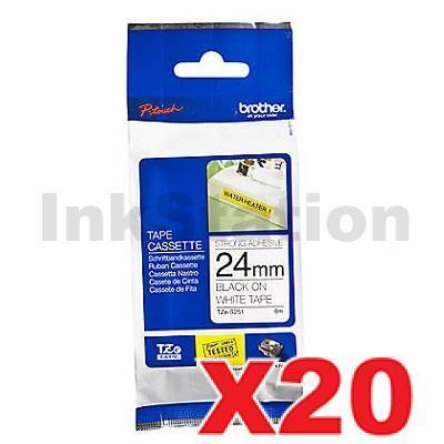 20 x Brother TZe-S251 Genuine 24mm Black Text on White Strong Adhesive Laminated Tape - 8 metres