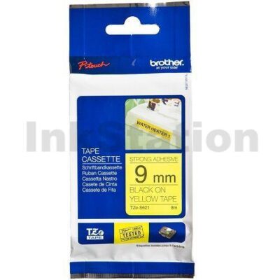 Brother TZe-S621 Genuine 9mm Black Text on Yellow Strong Adhesive Laminated Tape - 8 metres