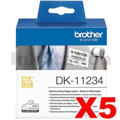 5 x Brother DK-11234 Genuine Black Text on White 60mm x 86mm Die-Cut Name Badge Paper Label Roll - 260 labels per roll