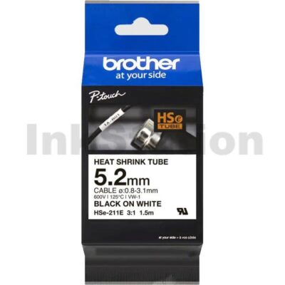 Brother HSe-211E Genuine 5.2mm Black Text on White Heat Shrink Tube Tape - 1.5 meters