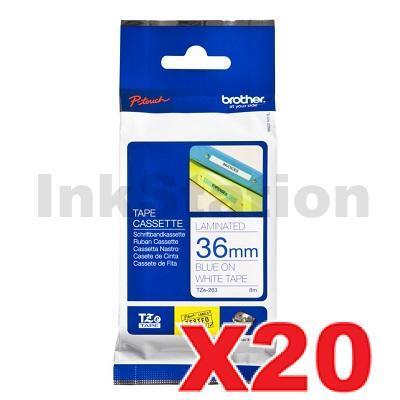 20 x Brother TZe-263 Genuine 36mm Blue Text on White Laminated Tape - 8 meters